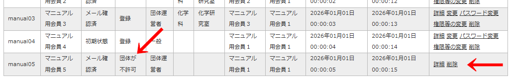 「許可区部」を「団体が不許可」に変更した会員は「会員一覧」画面に残り詳細情報の確認はできるが変更などはできない｜OBOG Central